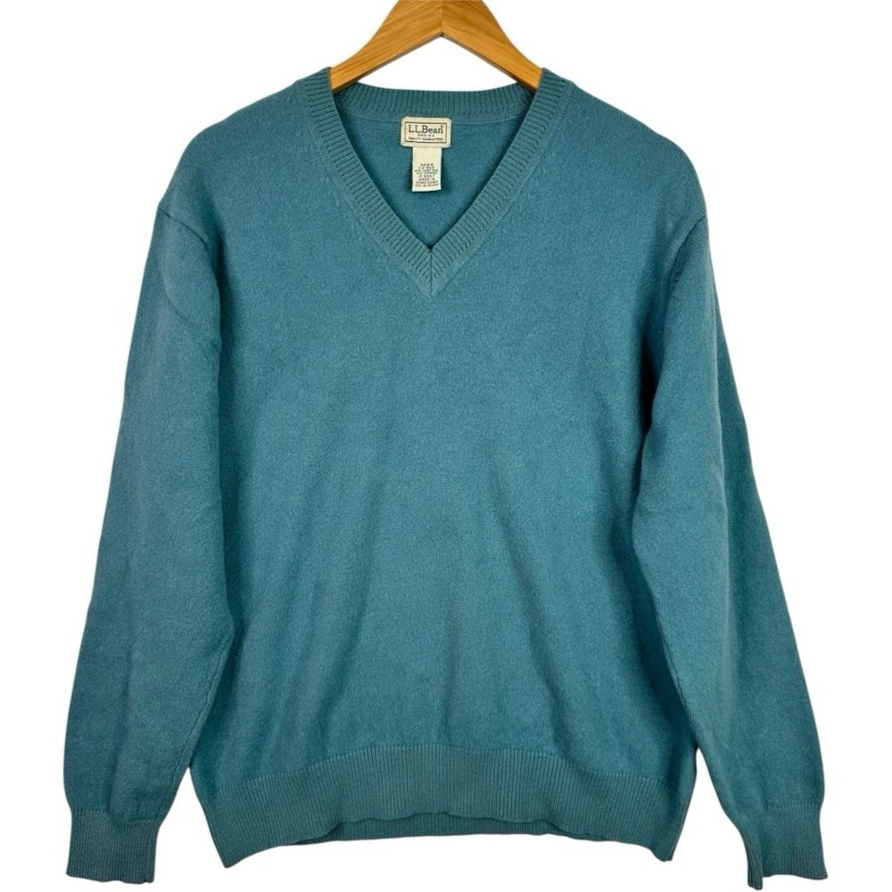 Vintage L.Bean Lambswool Cashmere Sweater Teal Blue V Neck Preppy Wool Mens L